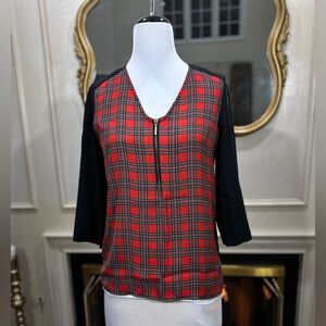 Express Top Small Red Plaid Zip Front 3/4 Sleeve Career Office